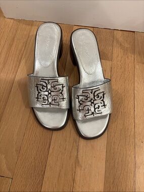 Tory Burch Metallic Silver Logo Slide Mules